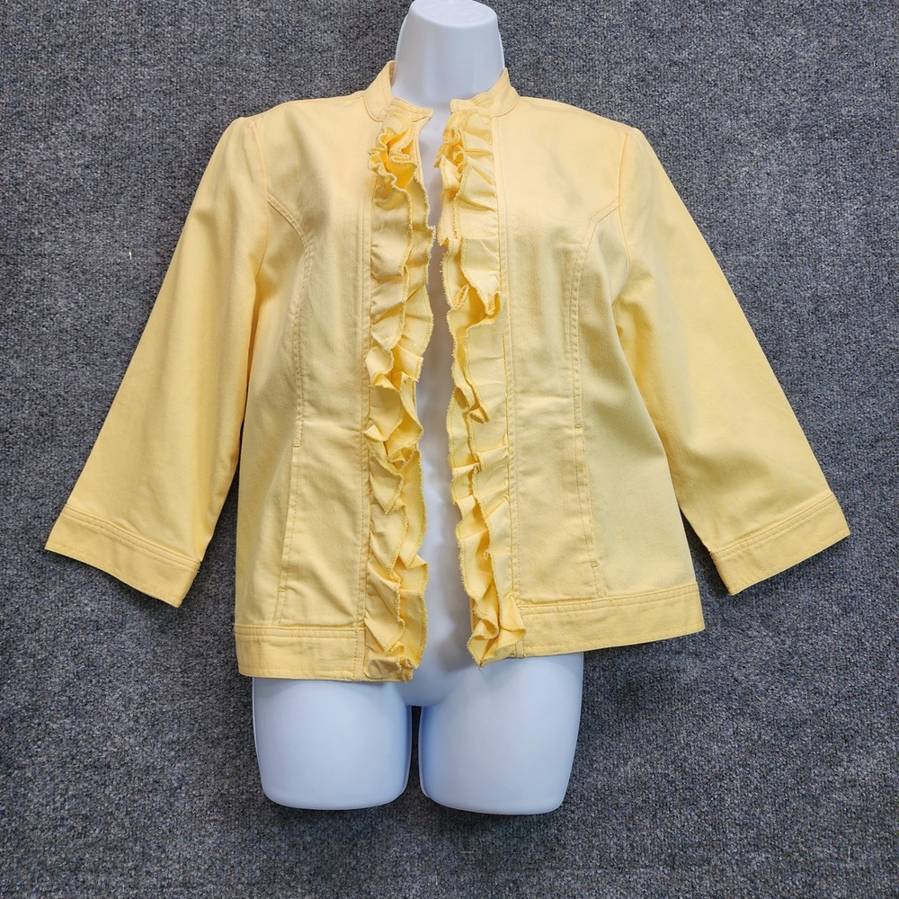 Chico's Womens Yellow Ruffle Denim Jacket Boho Cottagecore Preppy Cotton Size 1